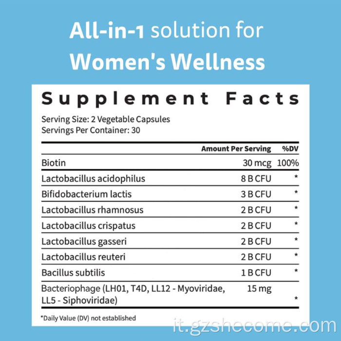 Le capsule di probiotici per donne Shecome supportano l'equilibrio intestinale